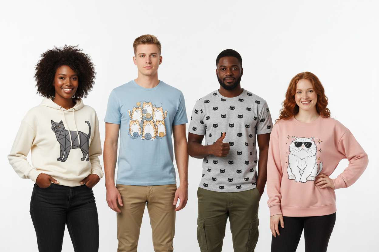 Cloths for humans with cats on it. Black and white people